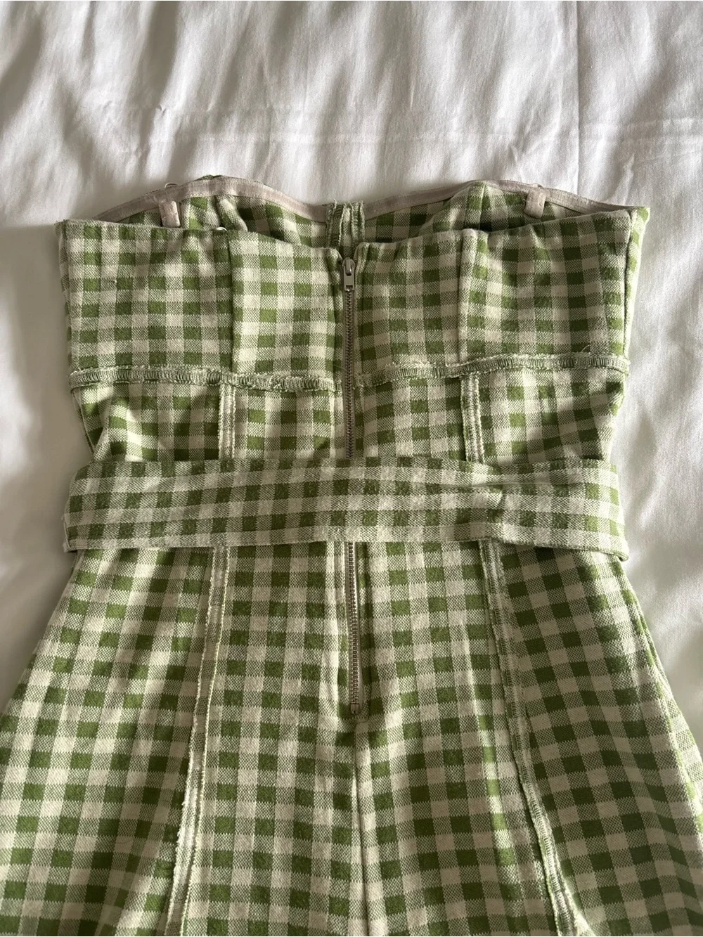 Free People Strapless Gingham Belted Midi Romper in Light Green and White